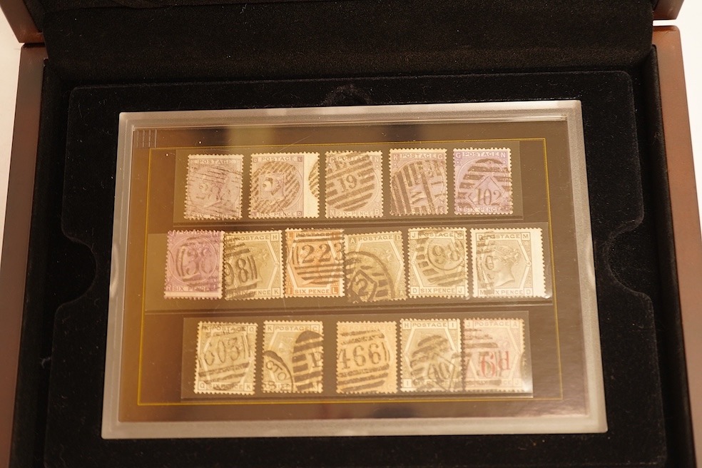 A cased set of The Complete 6d Colour and Plate Collection, issued by Westminster Philatelic Classics, together with a Penny Black with red postmark, a 5 Shilling stamp, etc.